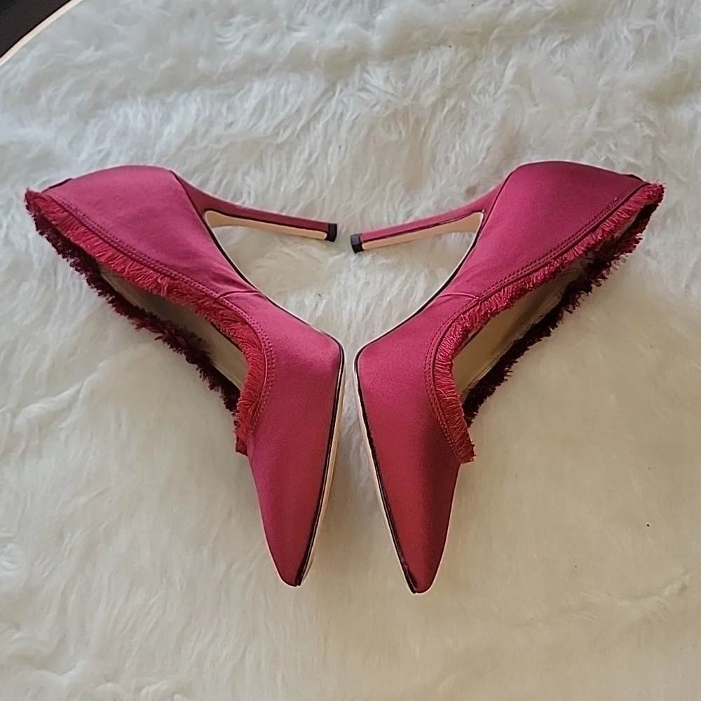 SAM EDELMAN Halan Satin Cranberry Eyelash Fringe Pointed Toe Party Formal Heel 6